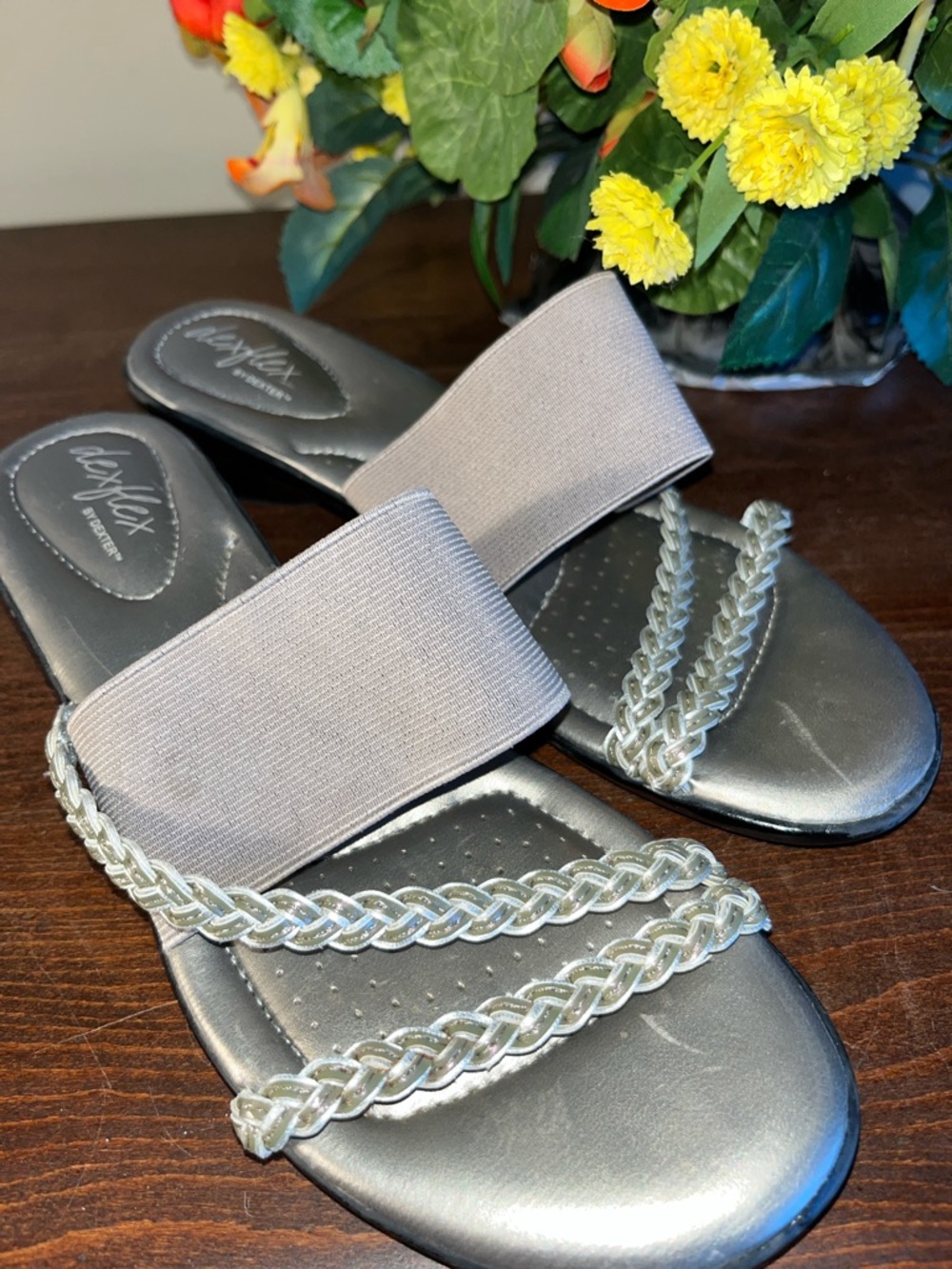 dexflex comfort Metallic Gray Slide Mules with Braided Silver Straps